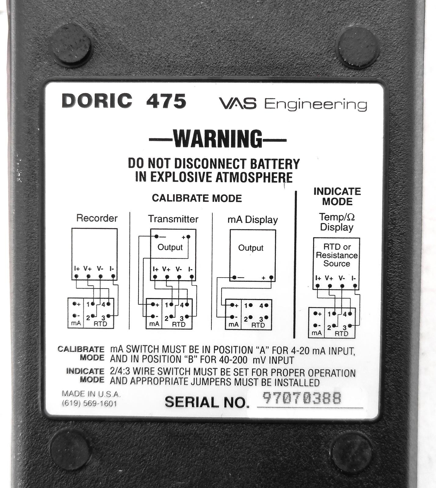 VAS INSTRUMENTS DORIC 475 RTD DIGITAL TEMPERATURE CALIBRATOR