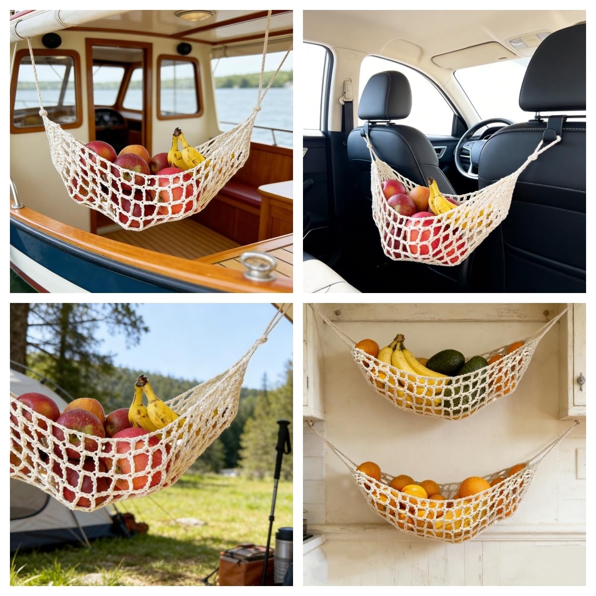 Tullace 2-Pack Hanging Fruit Hammock with Hooks - Macrame Under Cabinet Ivory