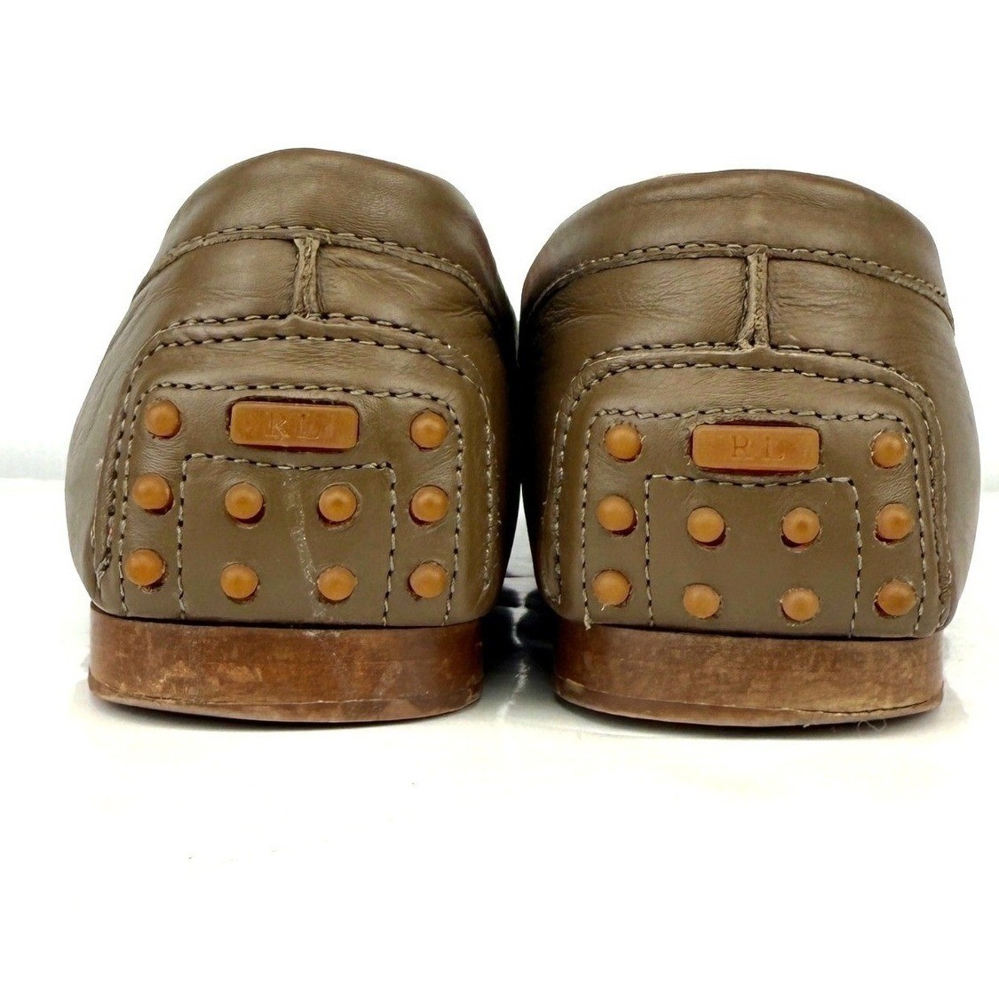 RALPH LAUREN Purple Label Brown Olive Green Leather Driving Loafers 39.5