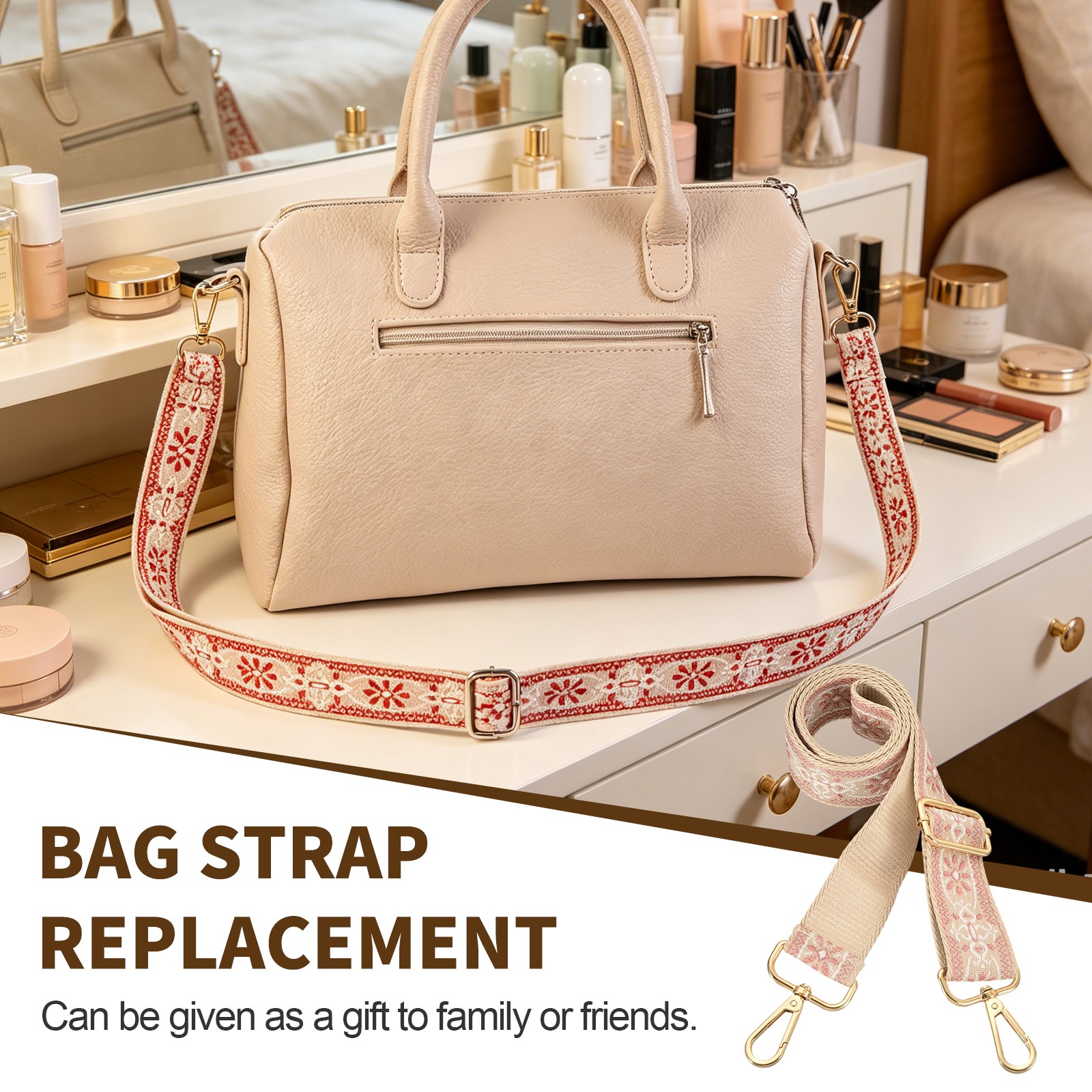 Purse Strap Replacement, Adjustable Canvas Exquisite Patterns Crossbody, Pink