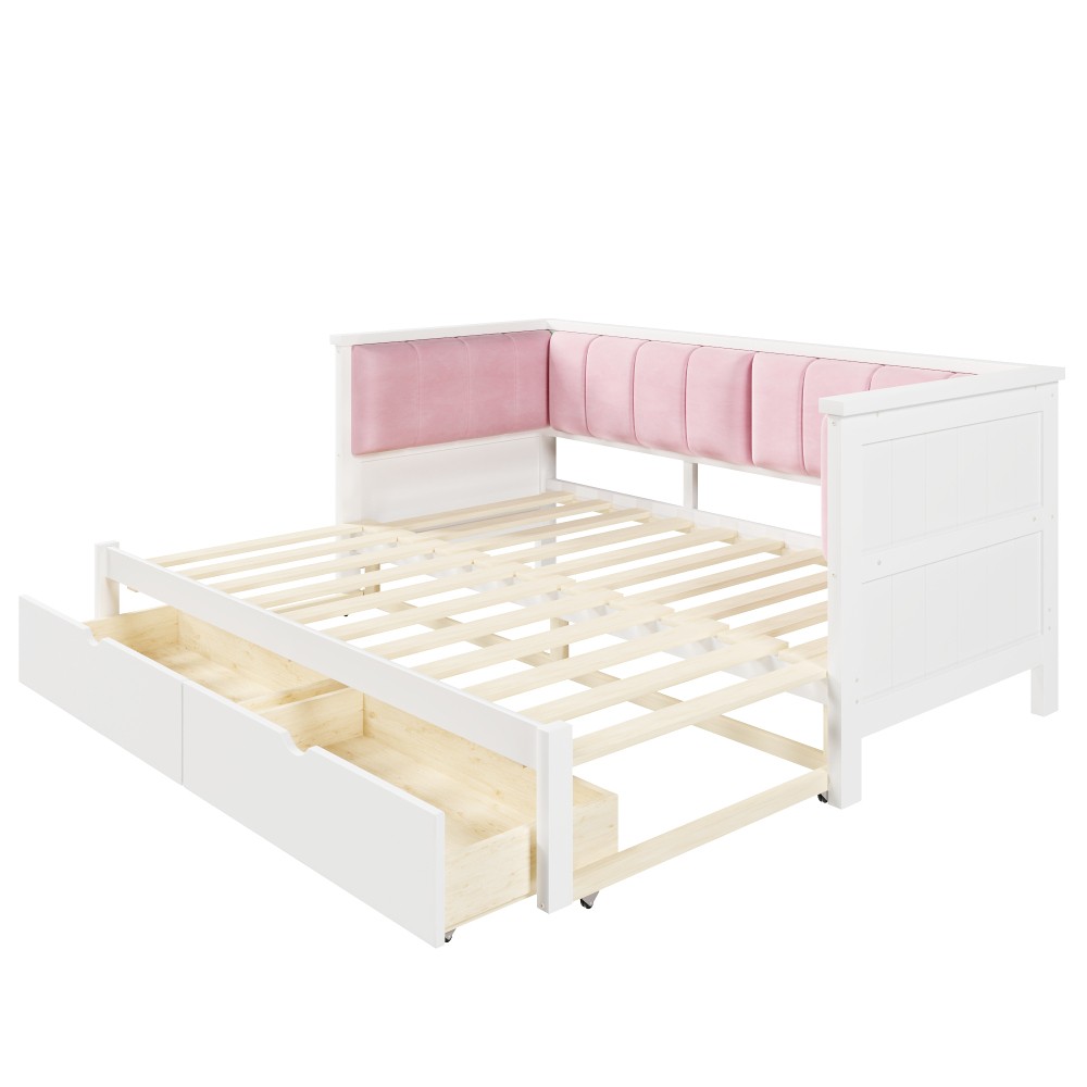 Pink & White Velvet Daybed Twin XL to King w/ Storage & Backrest