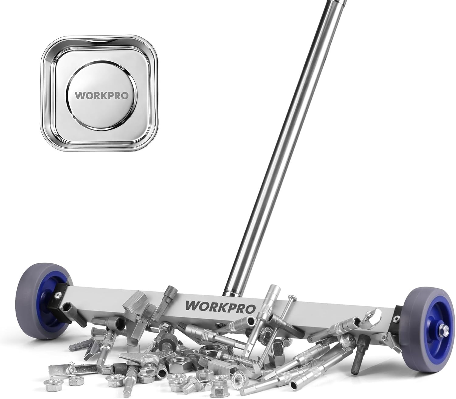 WORKPRO 17" Magnetic Sweeper Telescoping w/Wheel Rolling Sweeper Lawn Yard Grass