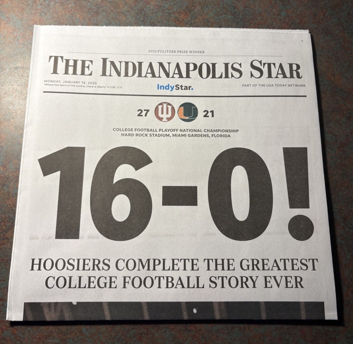 Indiana Hoosiers 16-0 Perfect Season Newspaper The Indianapolis Star Champions