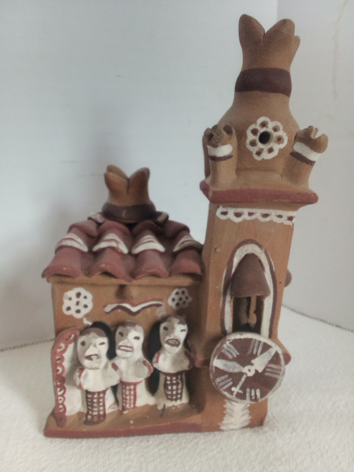 Vintage Terra Cotta Peruvian Pottery Village 3 Buildings Folk Art.