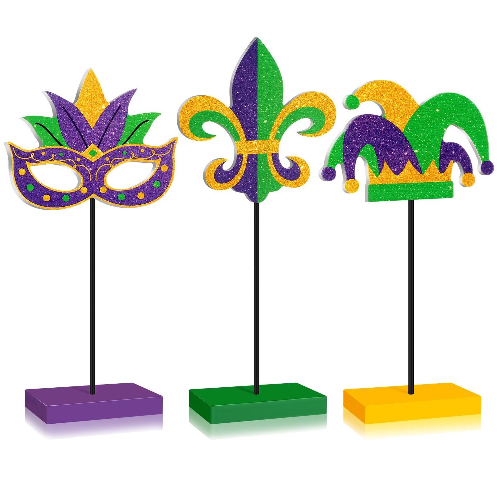 Huwena 3 Pcs Mardi Gras Tabletop Decorations Mardi Gras Standing Wooden Table...
