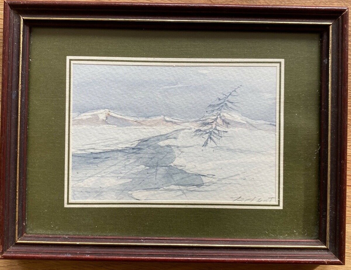 ::WATERCOLOUR WINTER SNOW LONELY FIR SIGNED MINIATURE PAINTING FRAME SIGNED