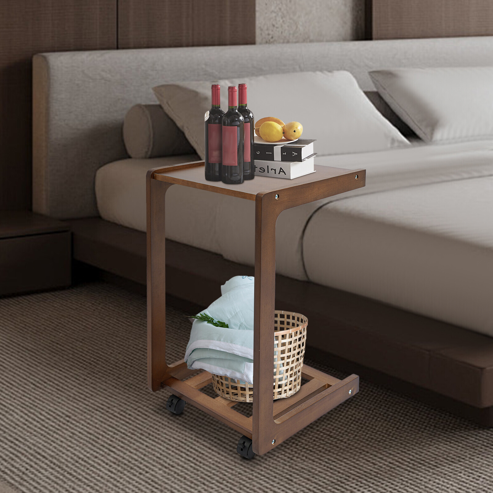 C-shaped End Table W/ Universal Wheels Walnut-colored Freestand Small Side Table