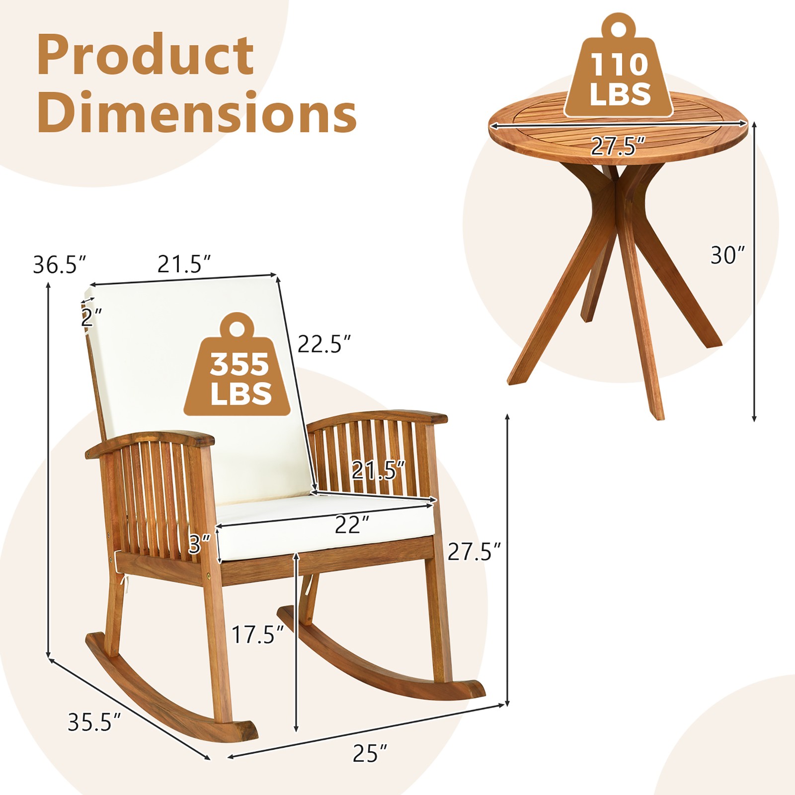 2PCS Patio Rocking Chair Set Round Table Solid Wood Cushioned Sofa Garden Deck