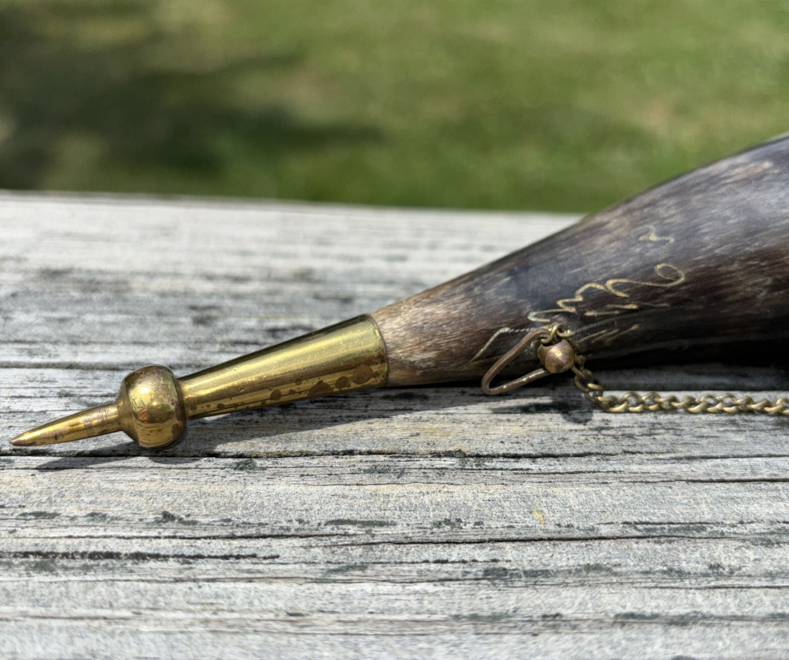 Antique Powder Horn Genuine Horn Brass Fittings Chain Carved Designs Signed Date