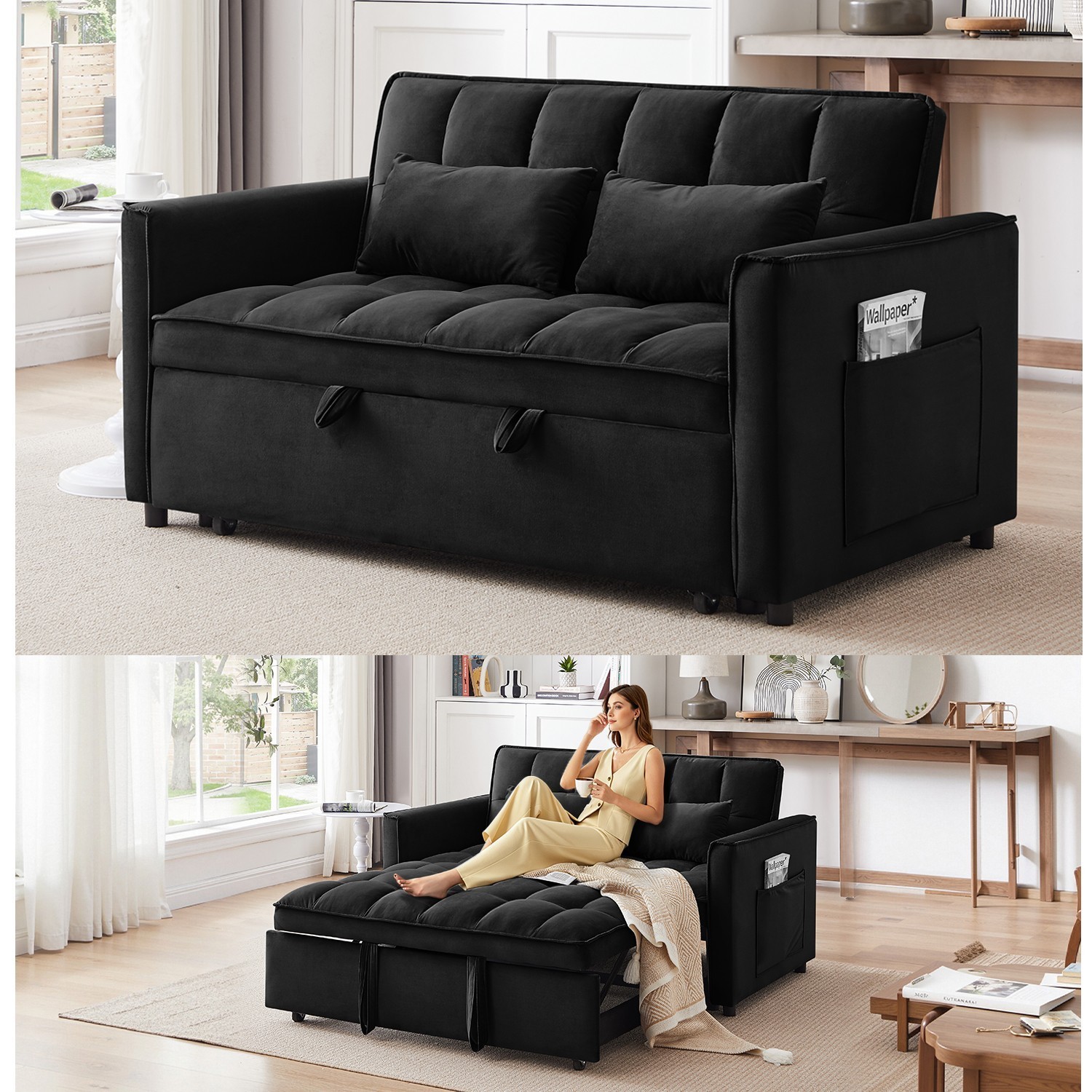 3 in 1 Modern Convertible Sleeper Sofa Bed Loveseat Couch for Small Spaces Black