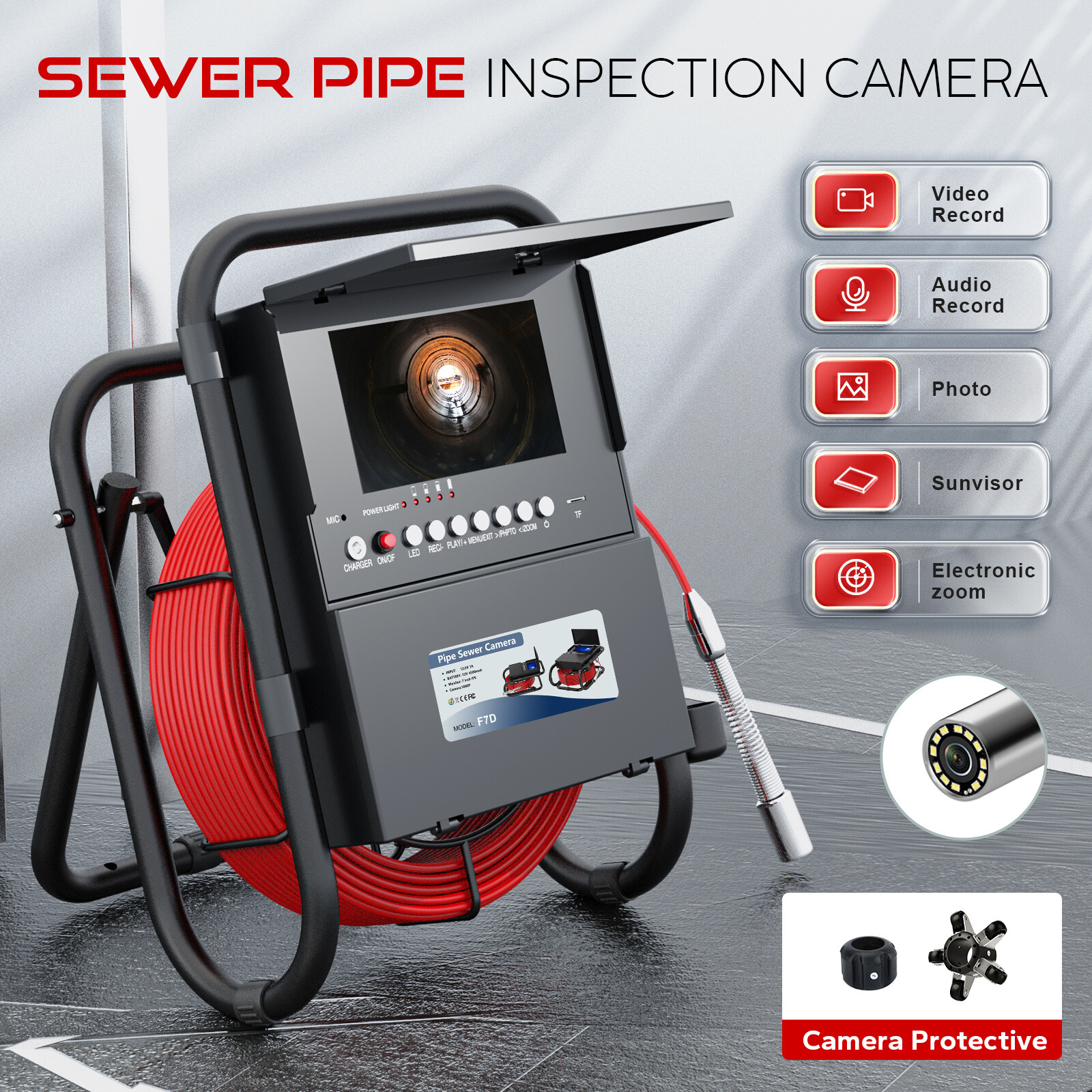 30M Sewer Drain Pipe Inspection Camera with 23mm Endoscope Probe 7" DVR Recorder