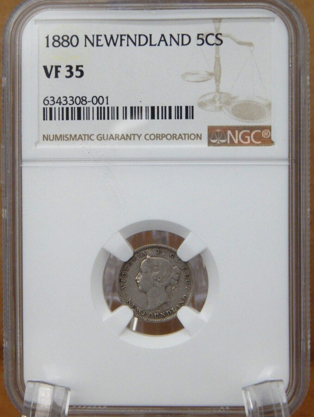 1880 Canada NEWFNDLAND Five 5 CENT NGC Graded VF35 (BT323)