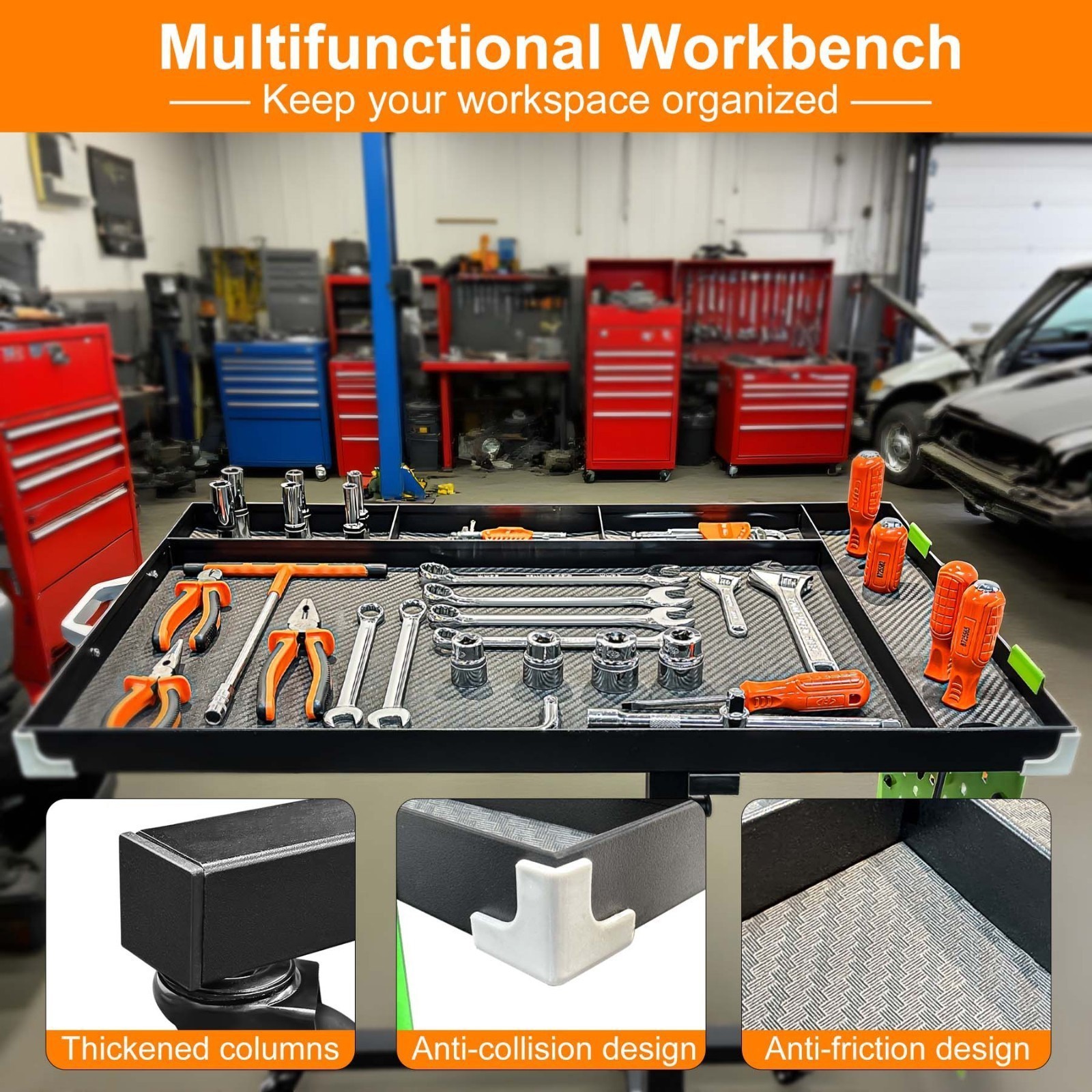 Rolling Tool Tray with Wheels Adjustable Height Mobile Work Table 500Lb Capacity