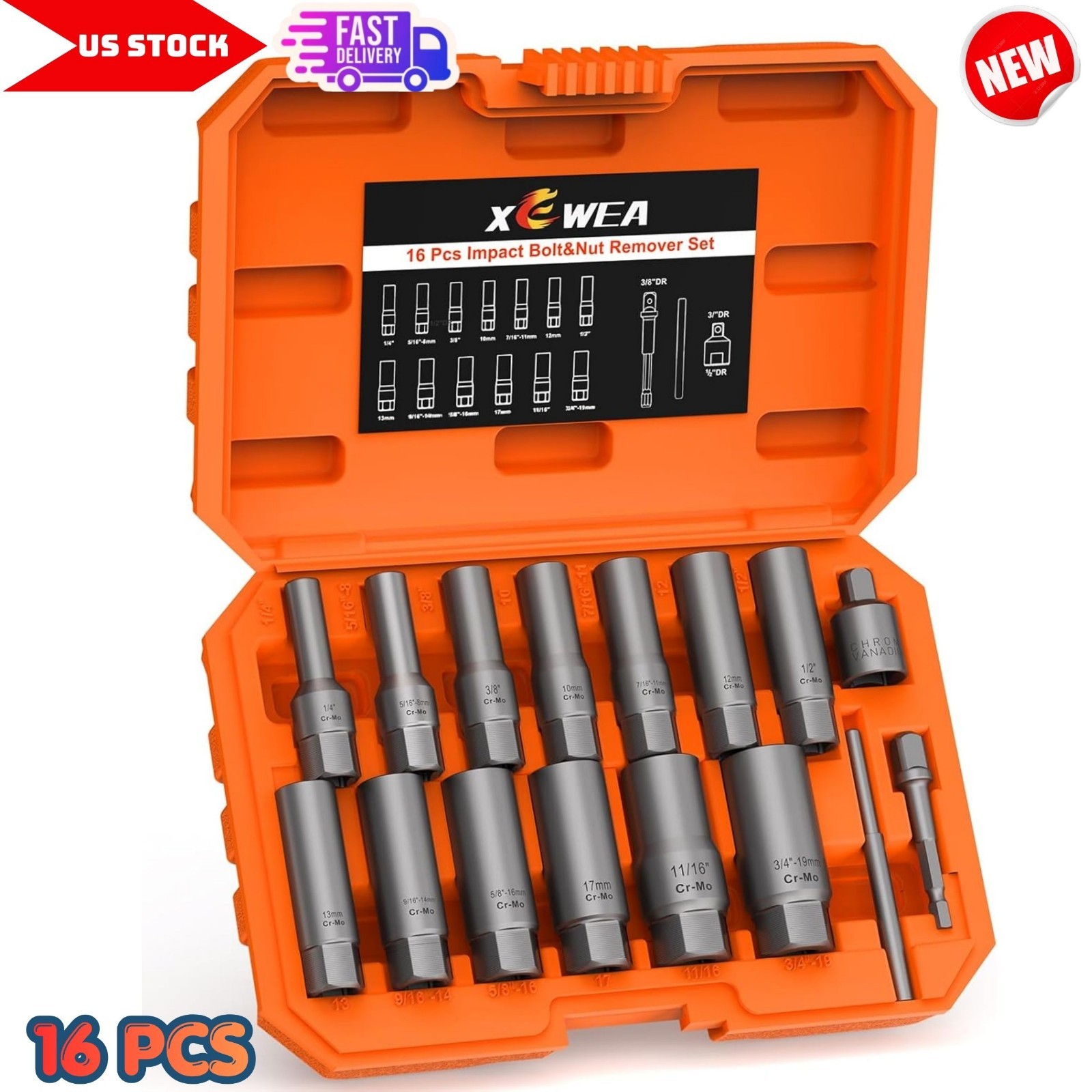 16pcs 3/8" Drive Deep Bolt Extractor Set for Remove Broken, Rusted, Frozen Bolts