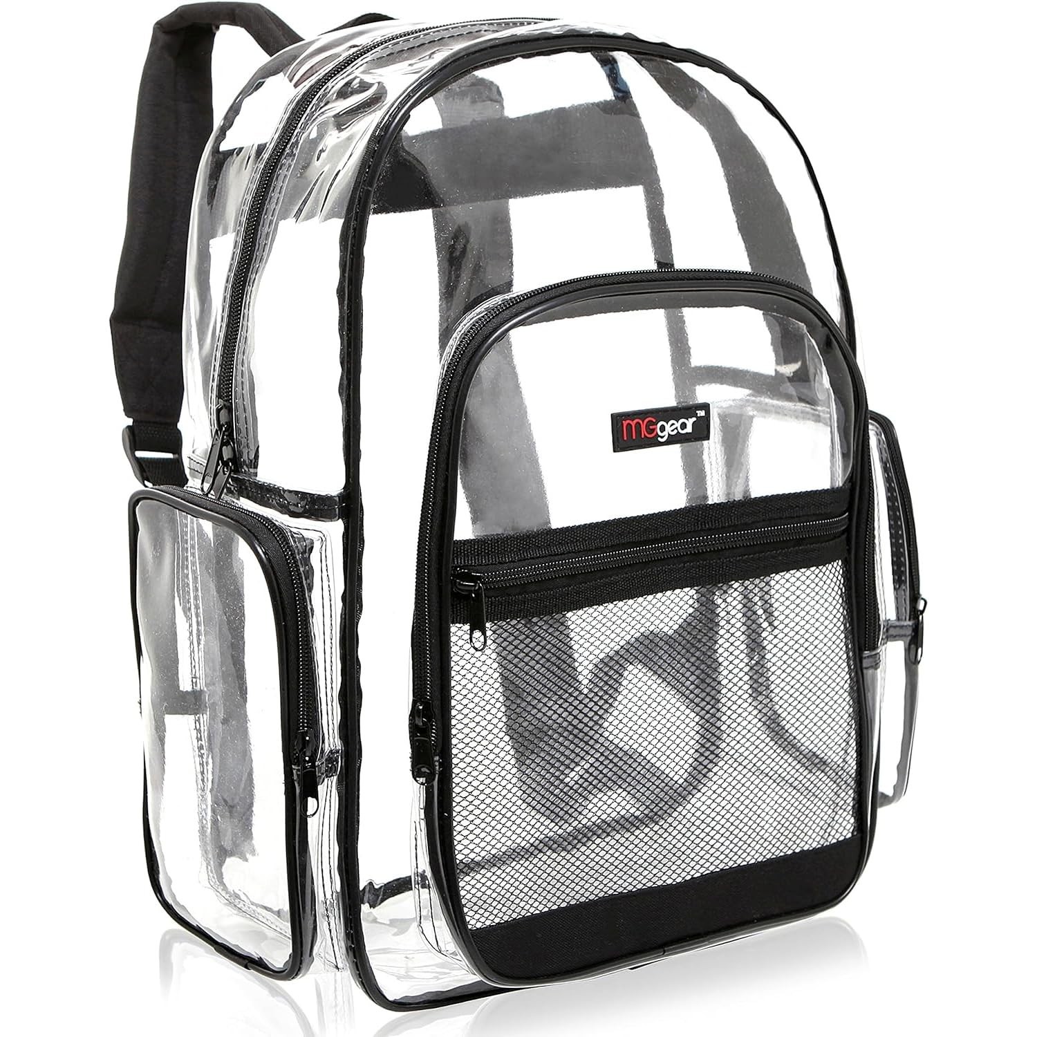 MGgear 17 Inch Clear PVC Backpack with Black Trim and 5 Zipper Compartments, ...