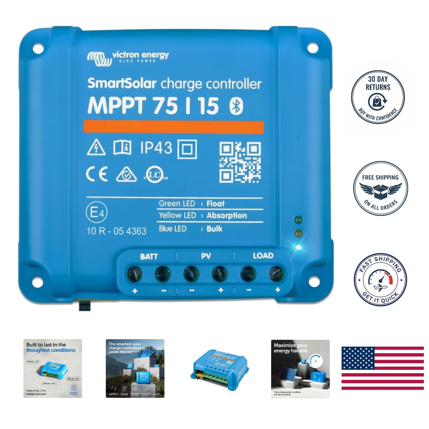 SmartSolar MPPT Bluetooth Solar Charge Controller - 75V, 15A, 12/24V Efficiency