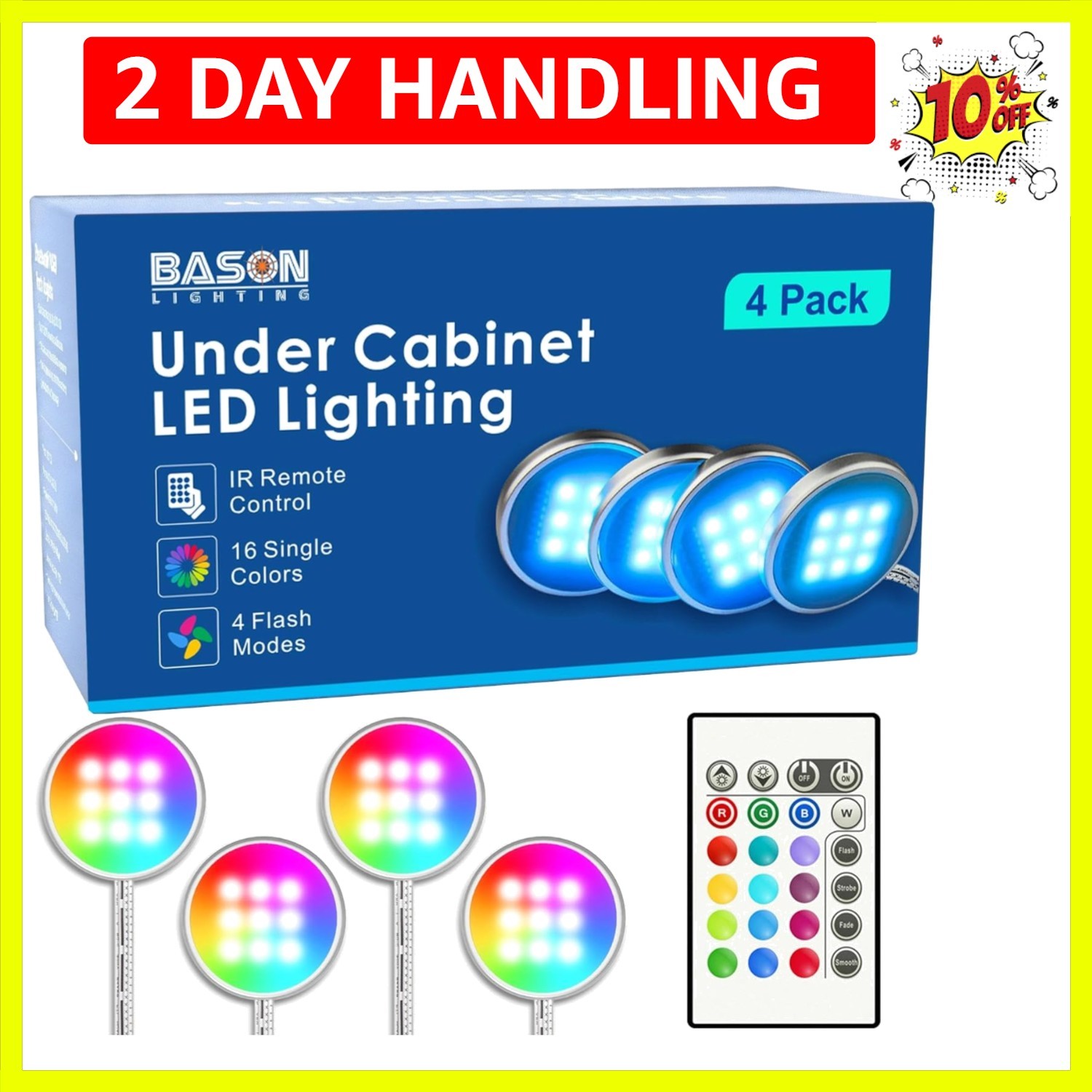 RGB Under Cabinet Lighting, Wireless Remote Control, 16-Color Plug in Puck Li...