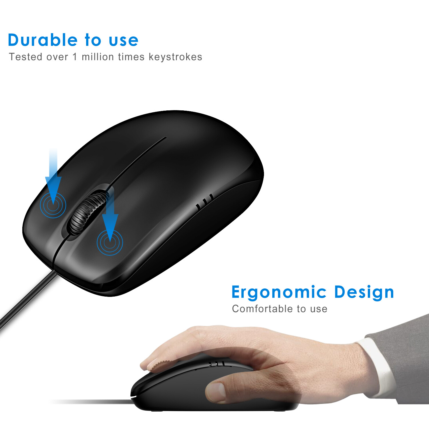 JETech 3-Button Wired USB Optical Mouse Mice (Black) - 0776