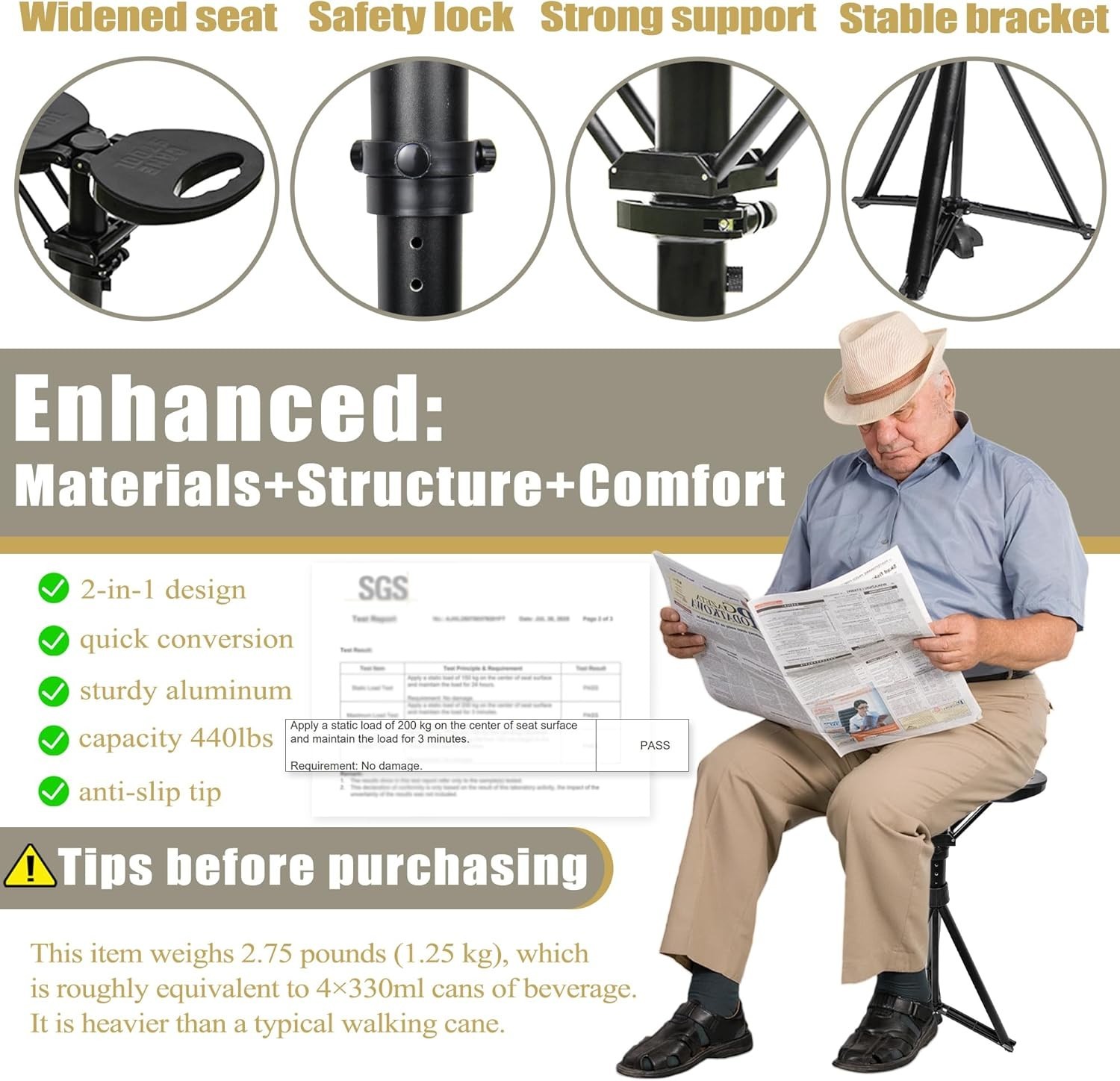 Comfortable Folding Cane with Chair - Adjustable Height & 440lbs Load Capacity