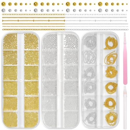 3 Boxes Caviar Metal Nail Beads, Gold Silver Nail Chains, Mix Sizes 0.6-2mm S4