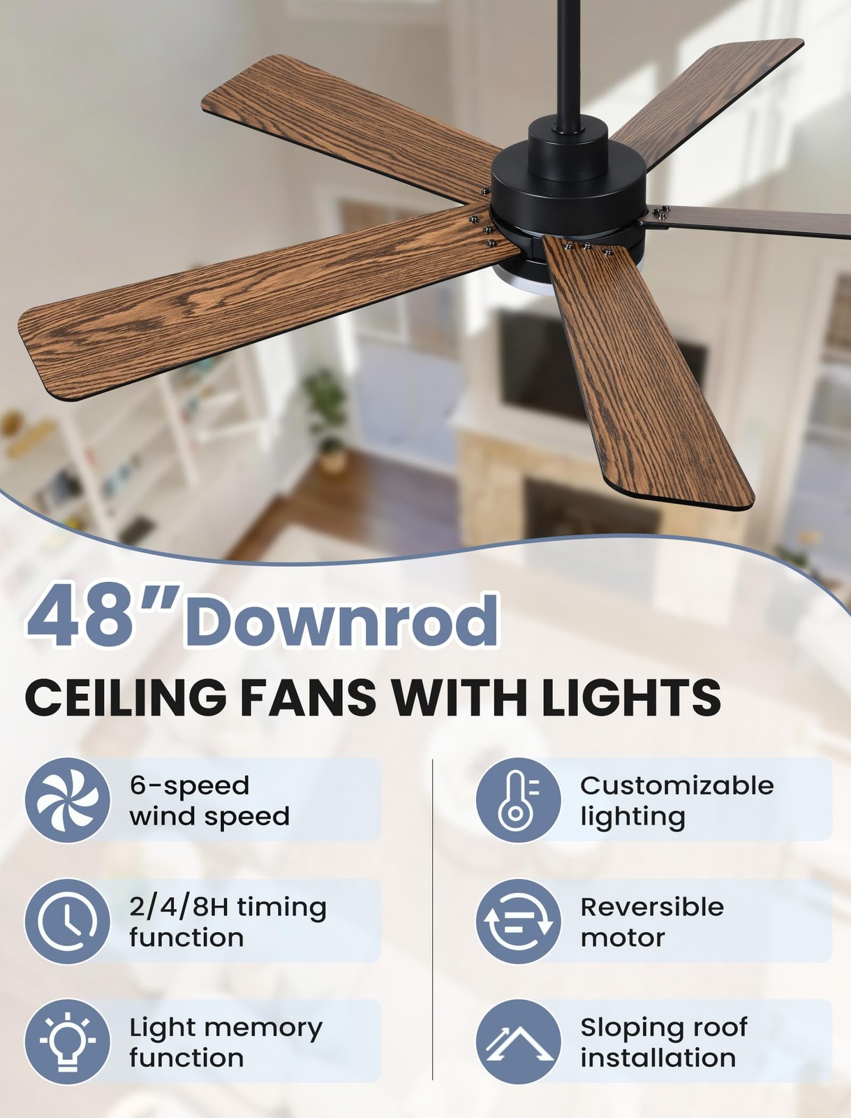 Dolavast 48 Inch Ceiling Fan with Lights and Remote, Downrod Mount, Sloped Ce...