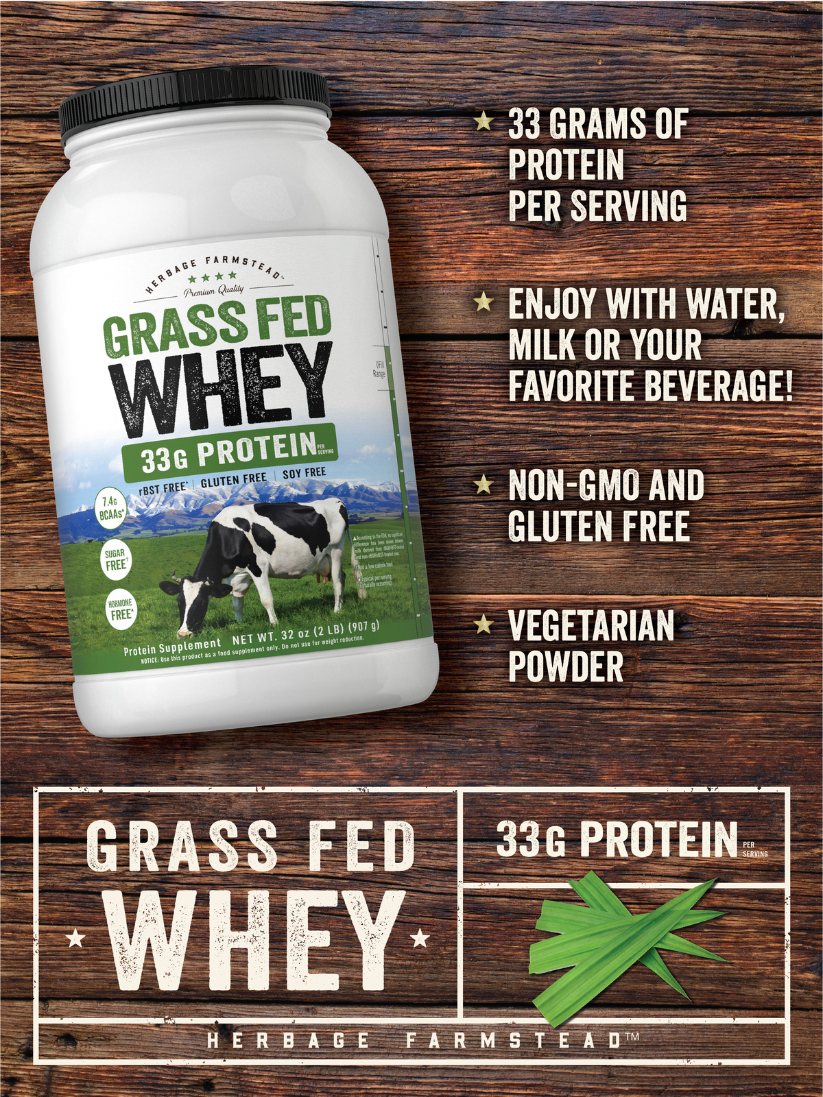 Grass Fed Whey Protein Powder | 2lb | Unflavored | by Herbage Farmstead