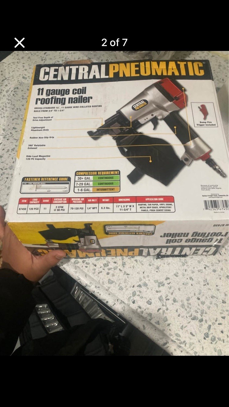 Central Pneumatic 11 Gauge Coil Roofing Nailer Model 67450