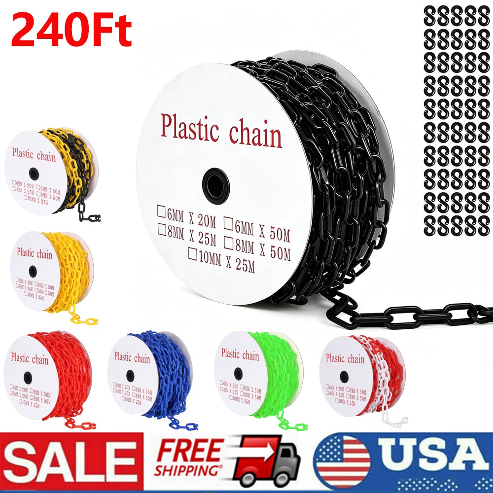 Plastic Chain 240 FT Crowd Control Barrier 6mm Thick w/ 50 Hooks Warning Line US