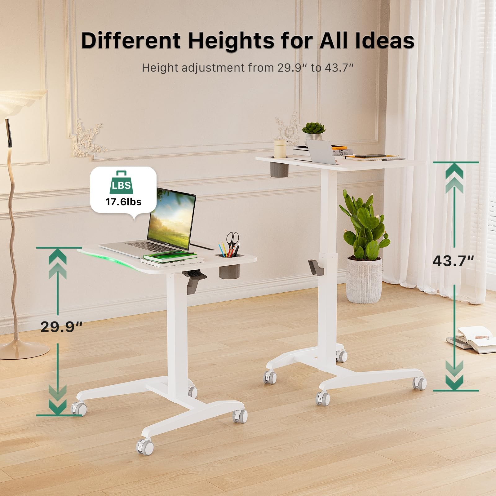 27" Mobile Rolling Standing Desk with Lockable Wheels, White