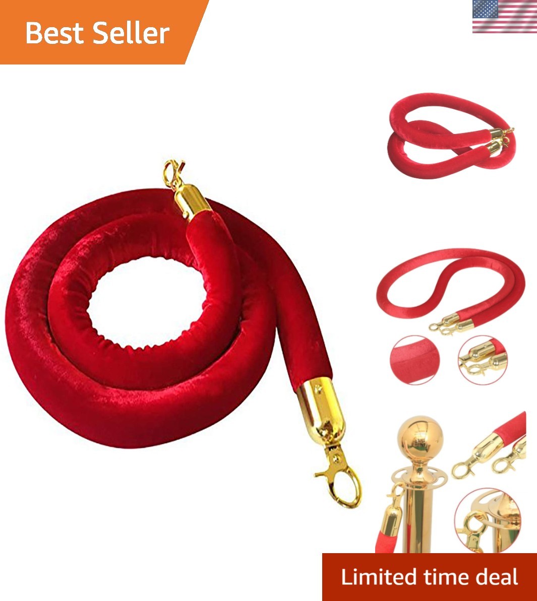 Luxury 5-Foot Red Velvet Stanchion Rope for Crowd Control & Event Management