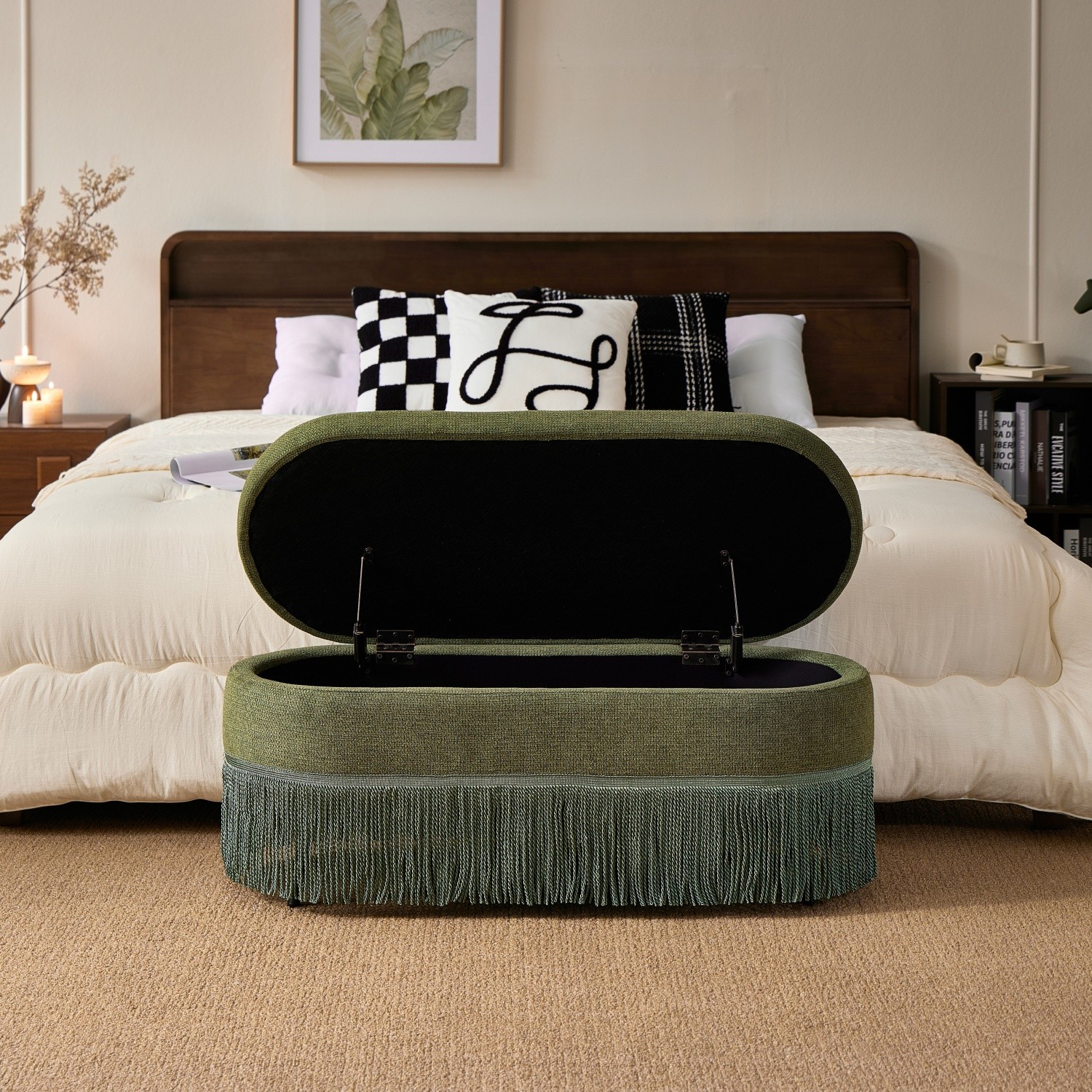Storage Ottoman Bench Green Oval Upholstered Footrest w/ Metal Frame Fringe Trim
