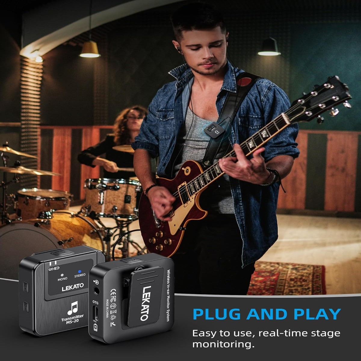 LEKATO Wireless 2.4G IEM System Transmitter Receiver OTG Plug Low Latency 100FT