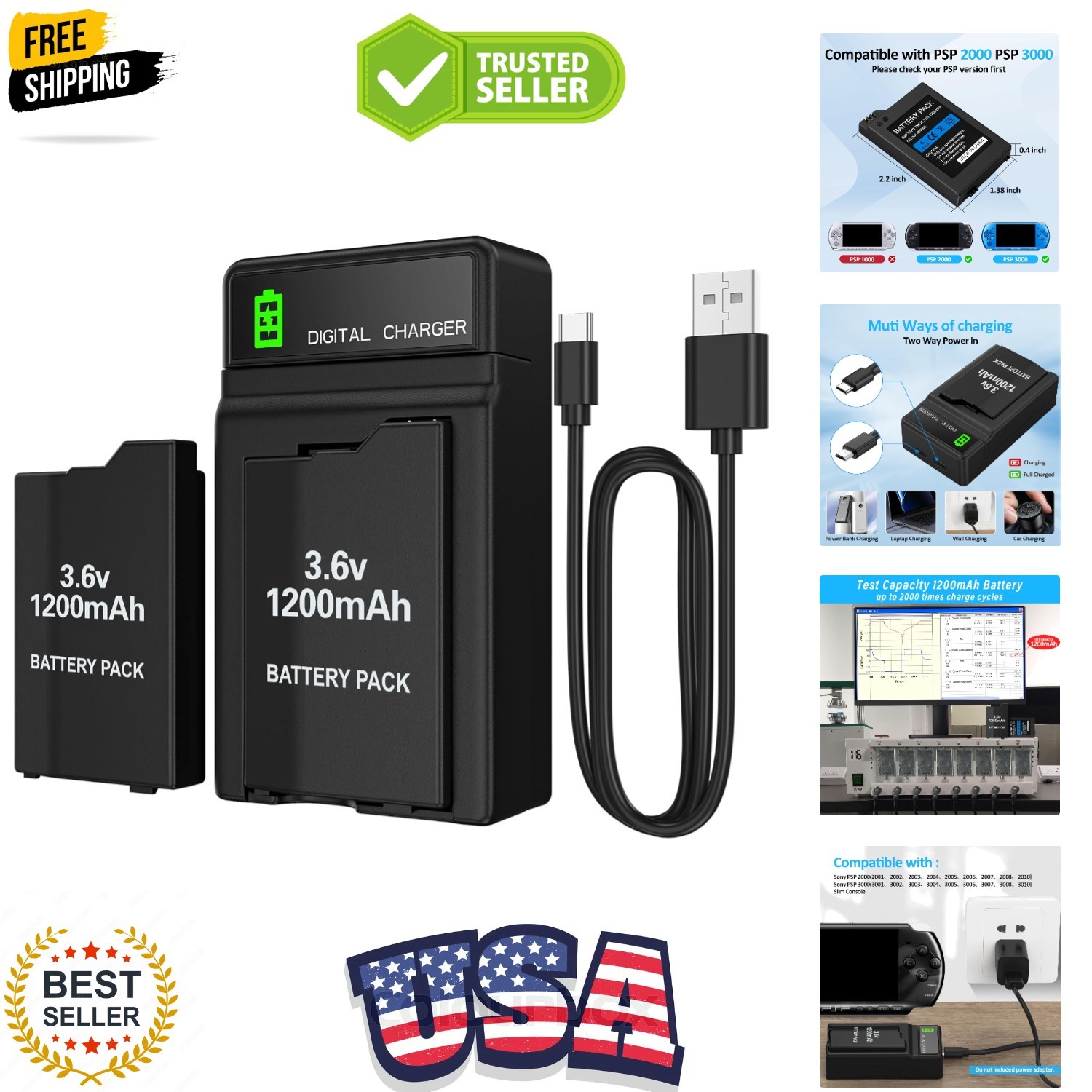 PSP Battery and Charger, 2Pcs 3.6v 1200mAh Lithium Polymer Replacement Batter...