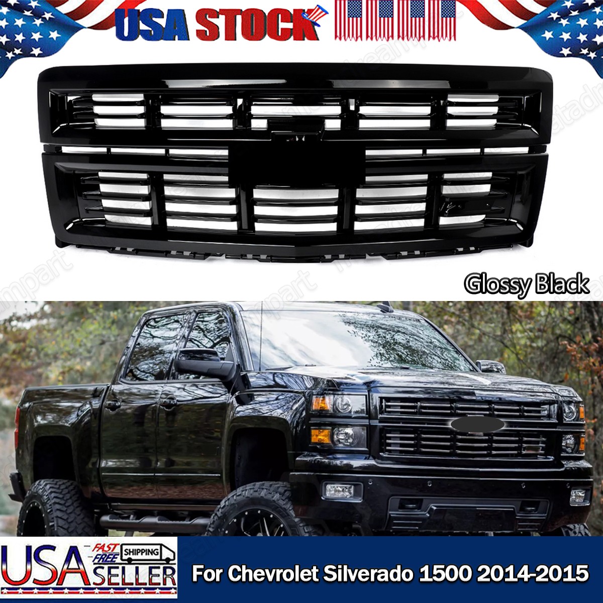 For 2014 2015 Chevrolet Silverado 1500 Z71  Full Gloss Black Front Upper Grille