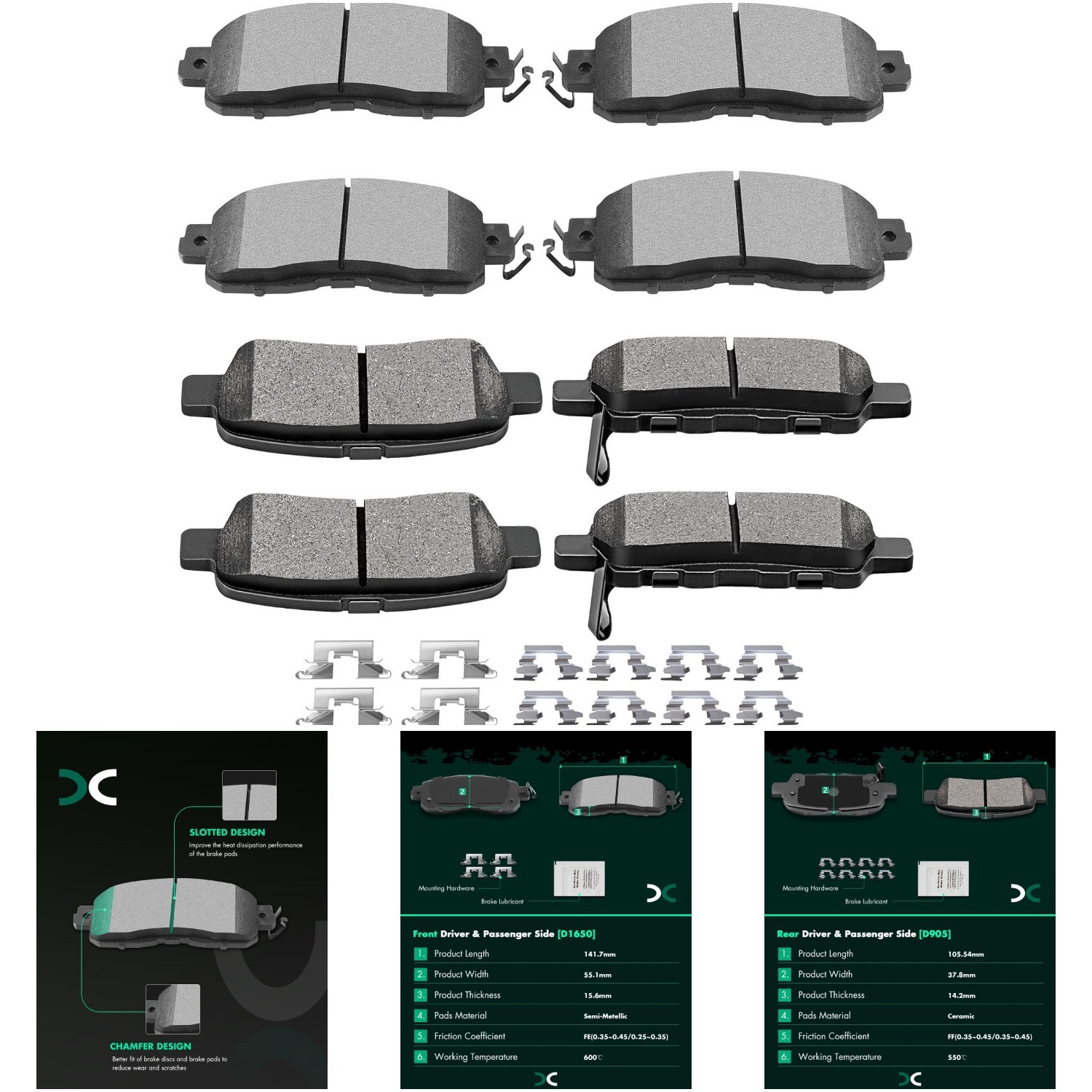 Brake Pads Kits Front Semi-Metal Rear Ceramic 8pcs Fit 2013-2017 Nissan Altima
