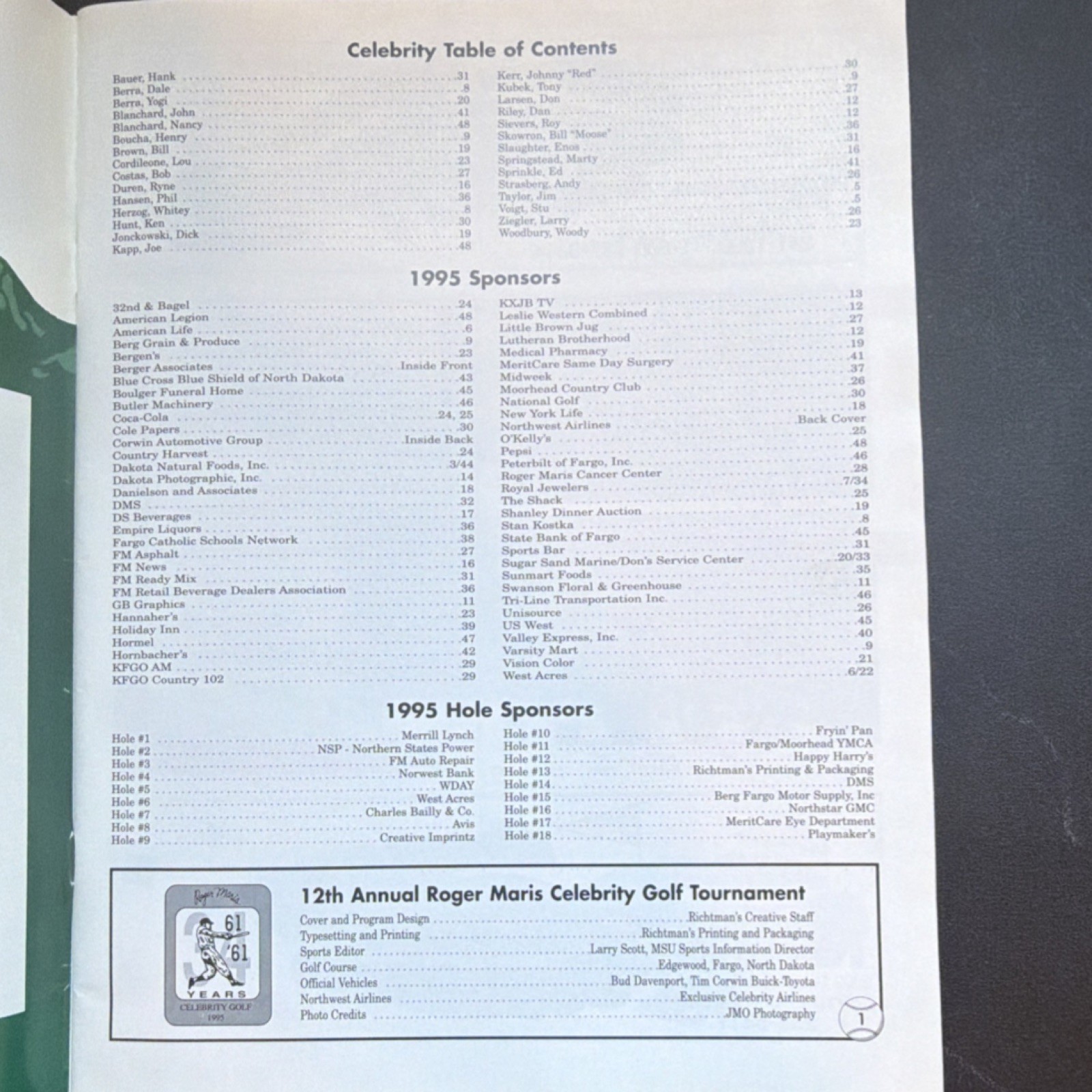 Roger Maris 1995 Celebrity Benefit Golf Tournament Autographed Program