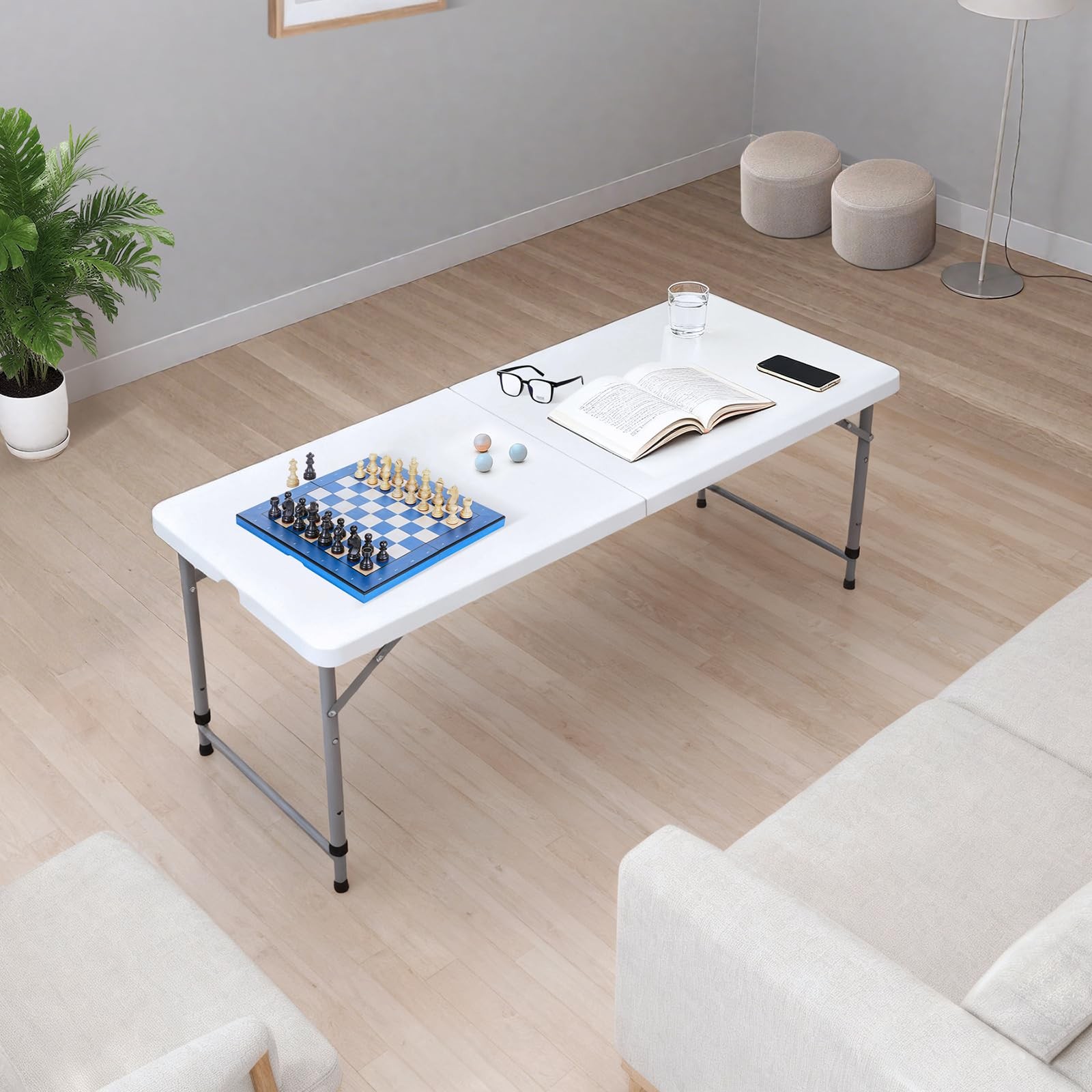 Folding Table 4 Foot Adjustable Height with Built in Handle, White