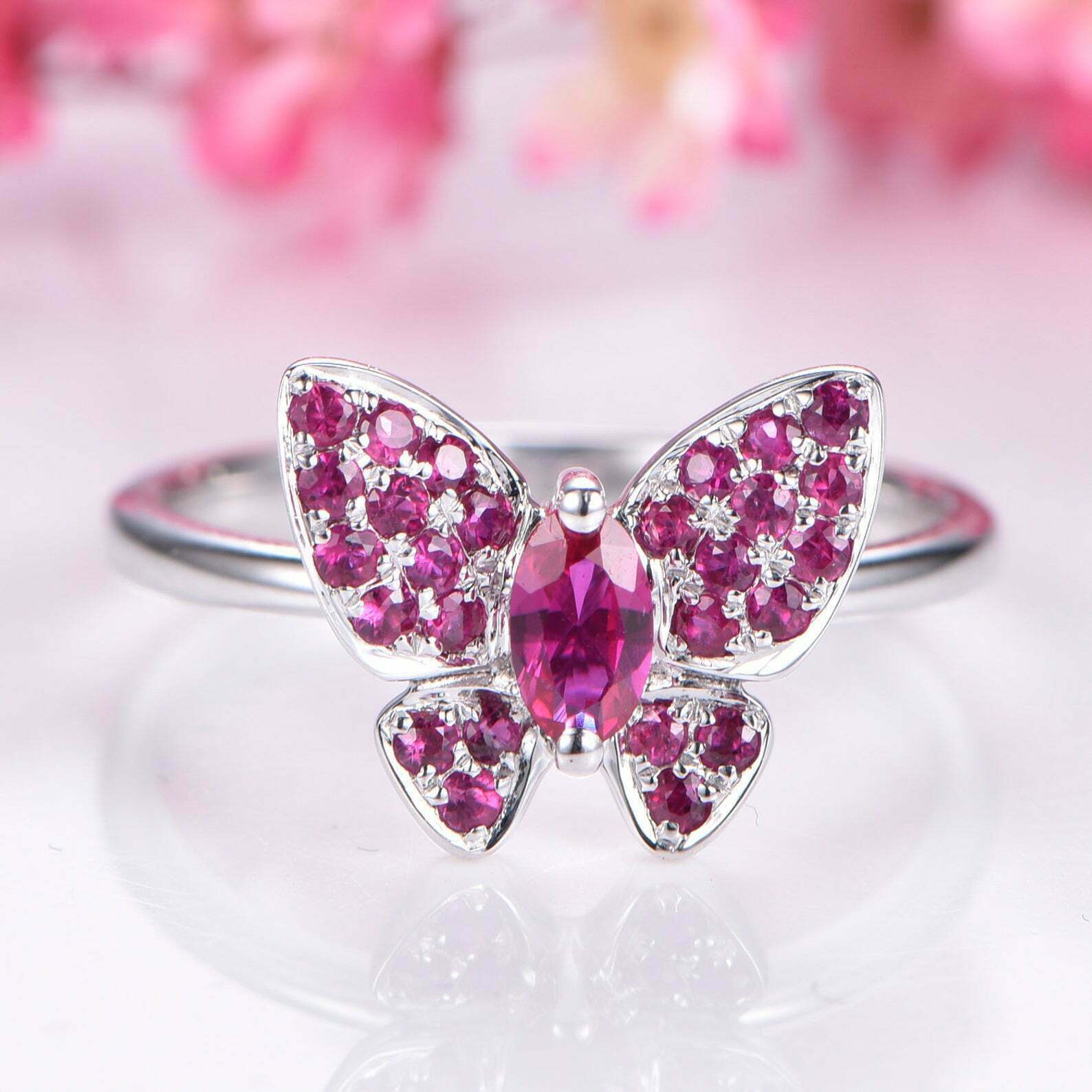 3.4ct Lab-Created Ruby Engagement Ring Butterfly Design 14k White Gold Plated