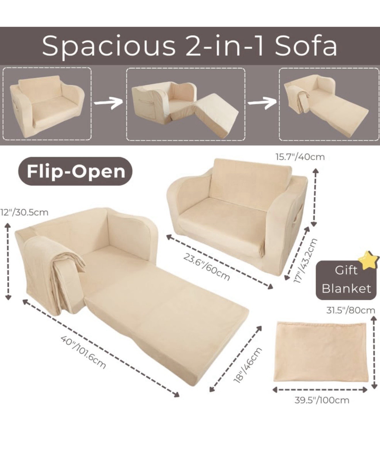 Kids Sofa, 2-in-1 Flip-Out Foam Couch with Soft Sherpa Cover, Cozy Play Loung...