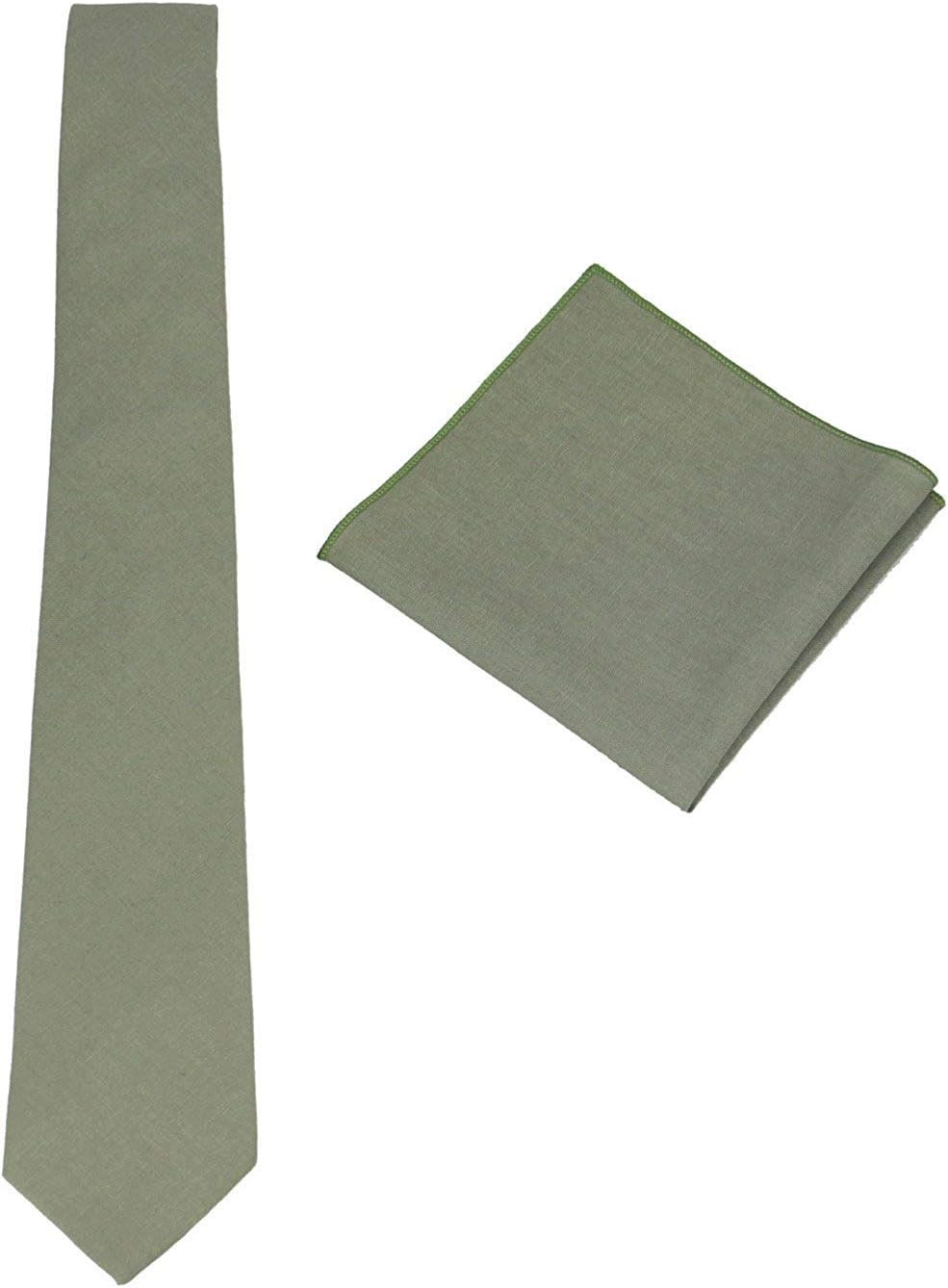 Mens Solid Skinny Linen Tie with Pocket Square Gift, Sage Green, Size One Size