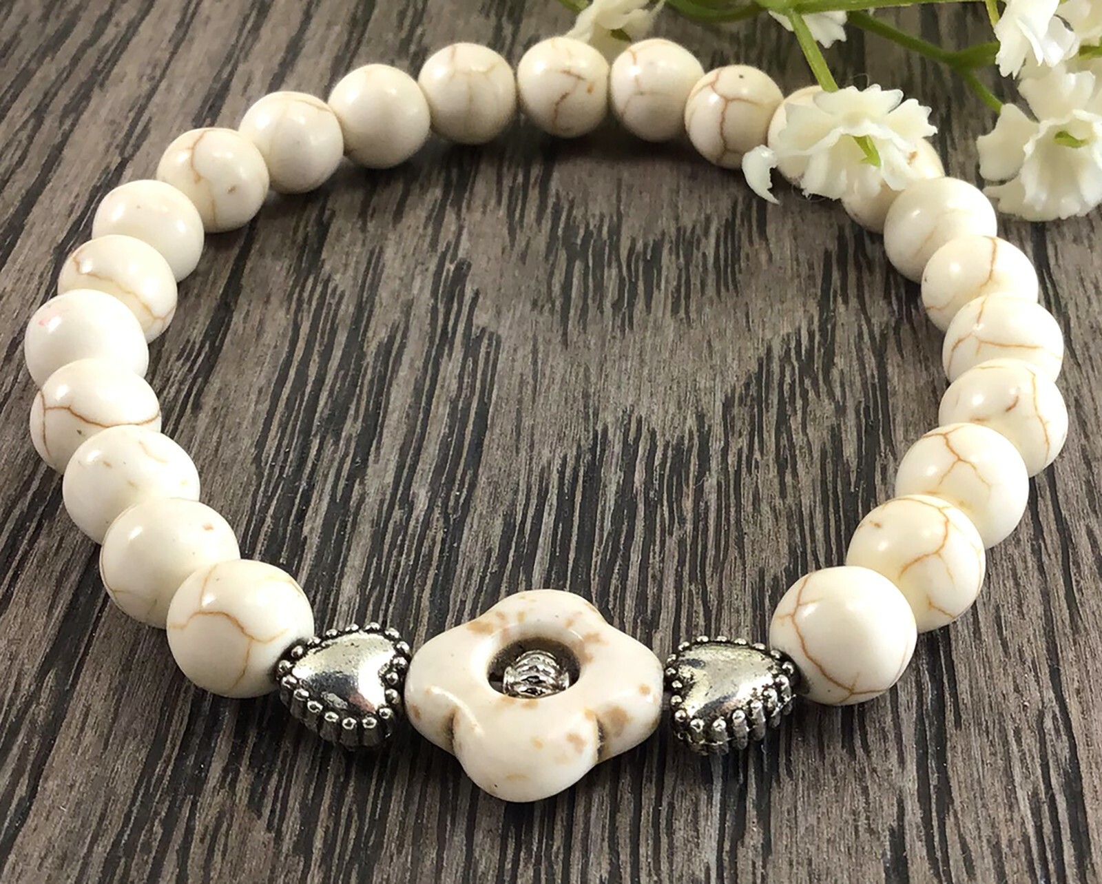 Ivory magnesite turquoise beaded gemstone healing bracelet with flower pendant