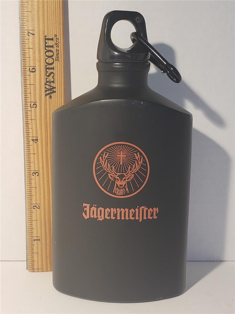 Jagermeister Jager Bottle Flask Black 10oz Screw Top Aluminum Carabiner Canteen