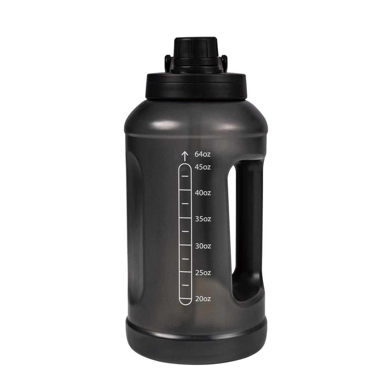 64 Fluid Ounces Reusable Water Bottle, Black, Straw, Plastic, Light Weight