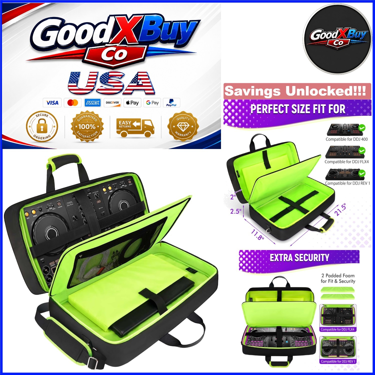Green DJ Controller Case for DDJ 400 / FLX-4 / REV-1 with Pockets & Adjustabl...