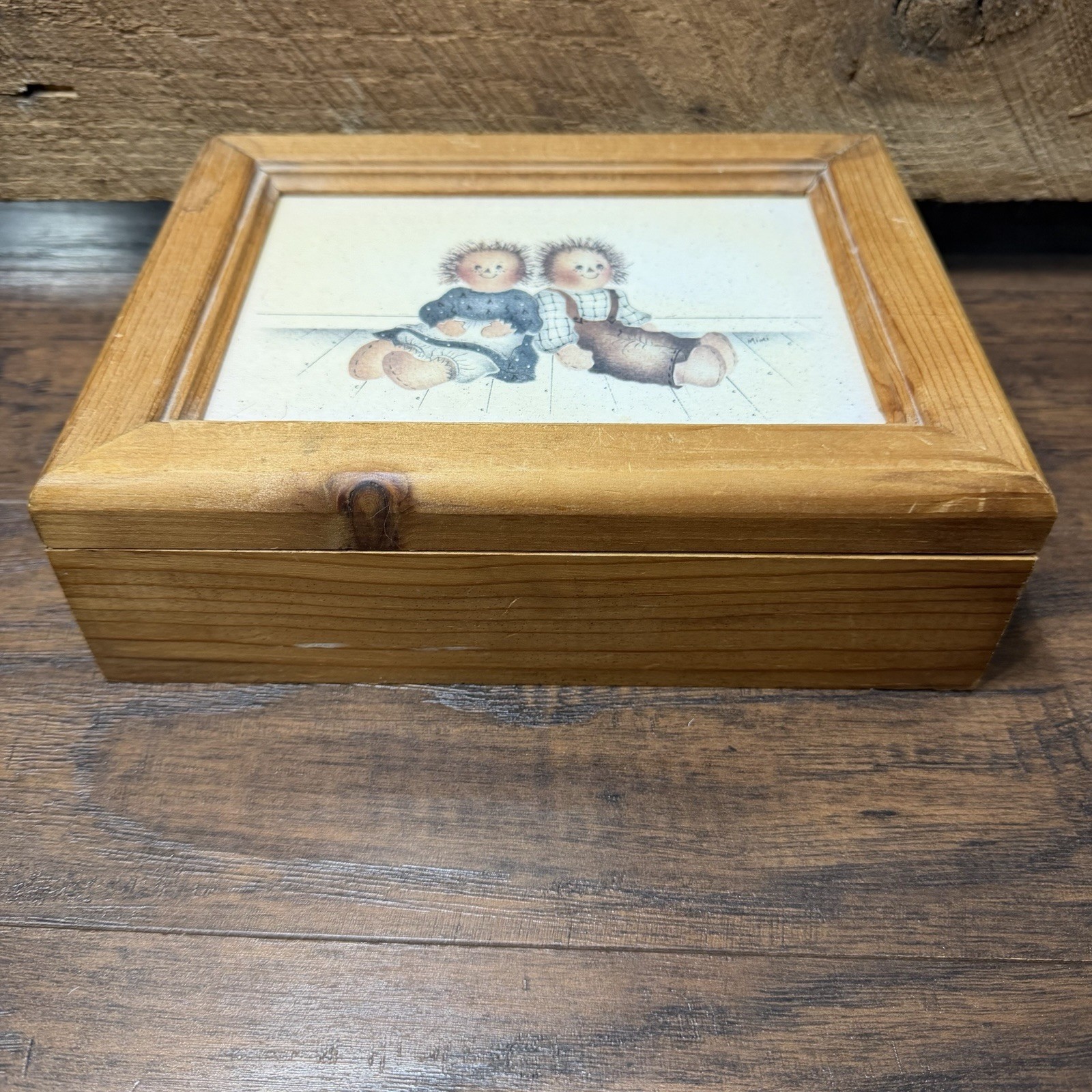 Primitive Country Vintage Raggedy Ann Andy Rustic Jewelry Box / Storage Box