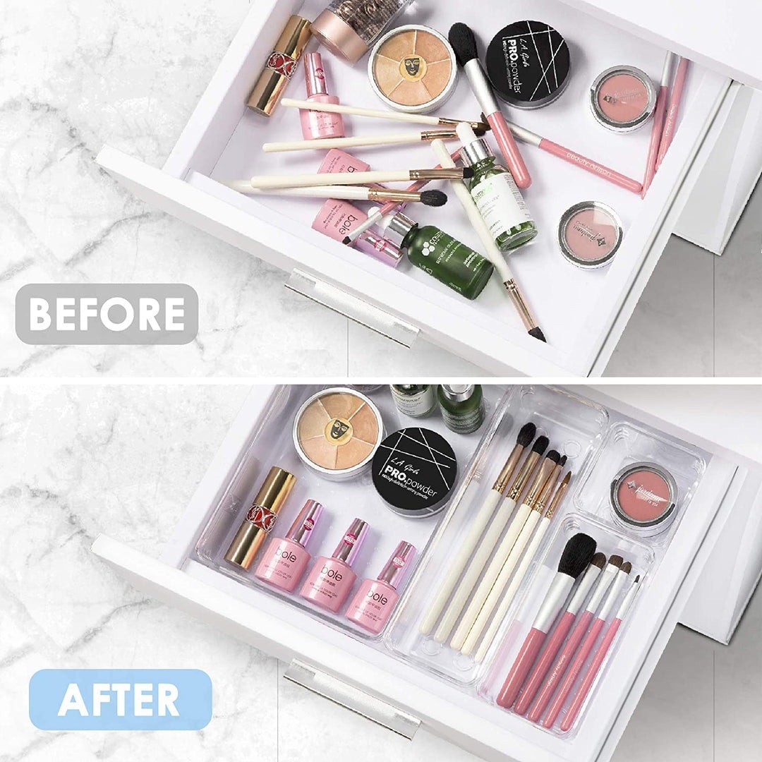 25 PCS Clear Plastic Drawer Organizers Set 4-Size Versatile Bathroom and Vanity