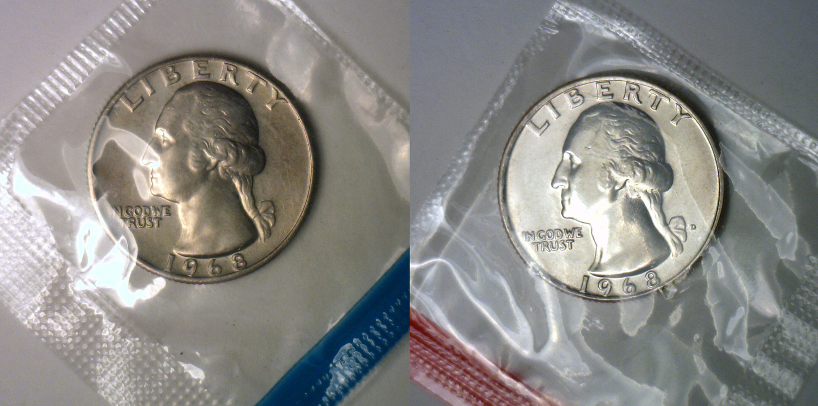 1968 P and D Washington Quarter TWO Coins from US Mint Uncirculated Set BU Cello