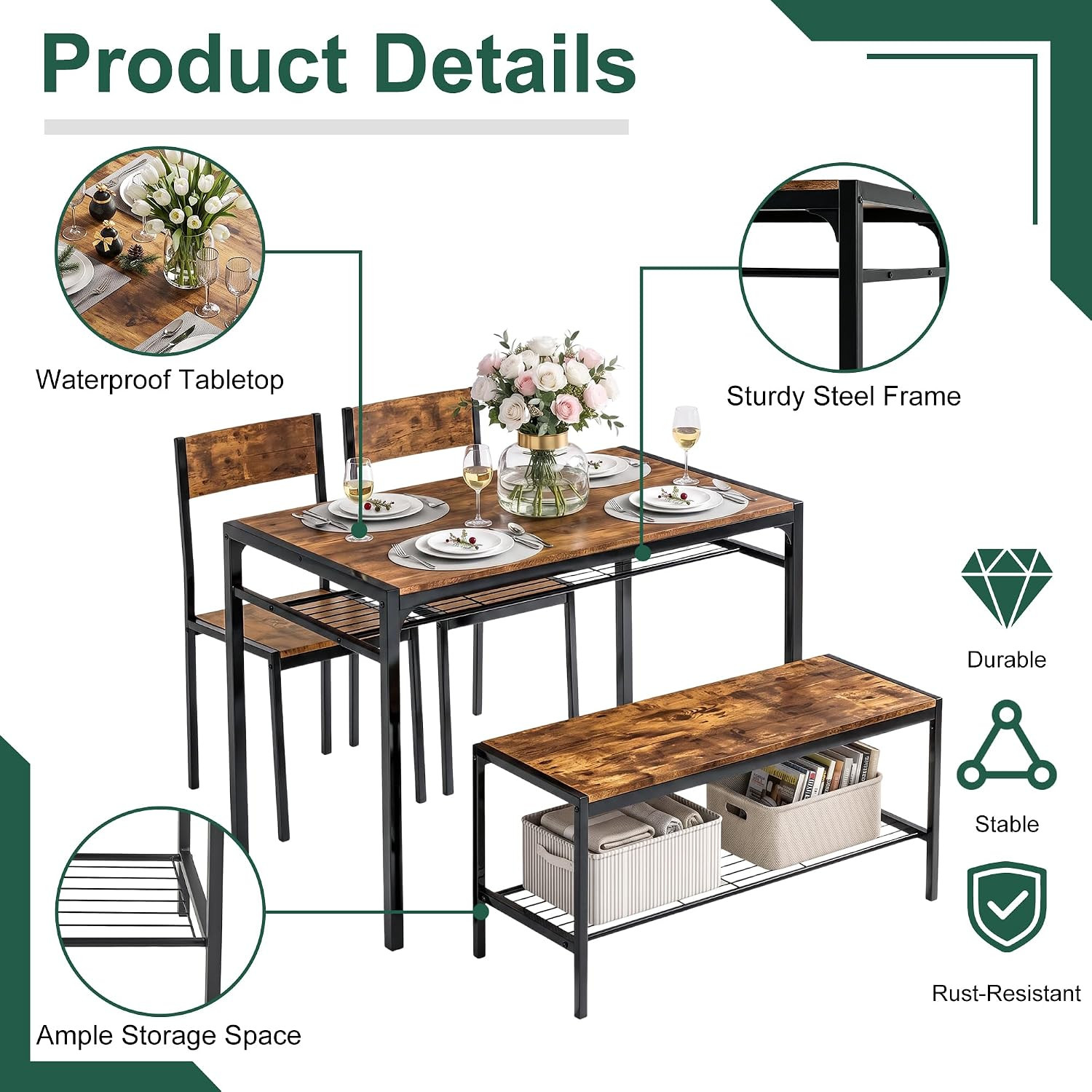 Kitchen Dining Room Table with 2 Chairs & Bench, Compact Space-Saving Design, Ea
