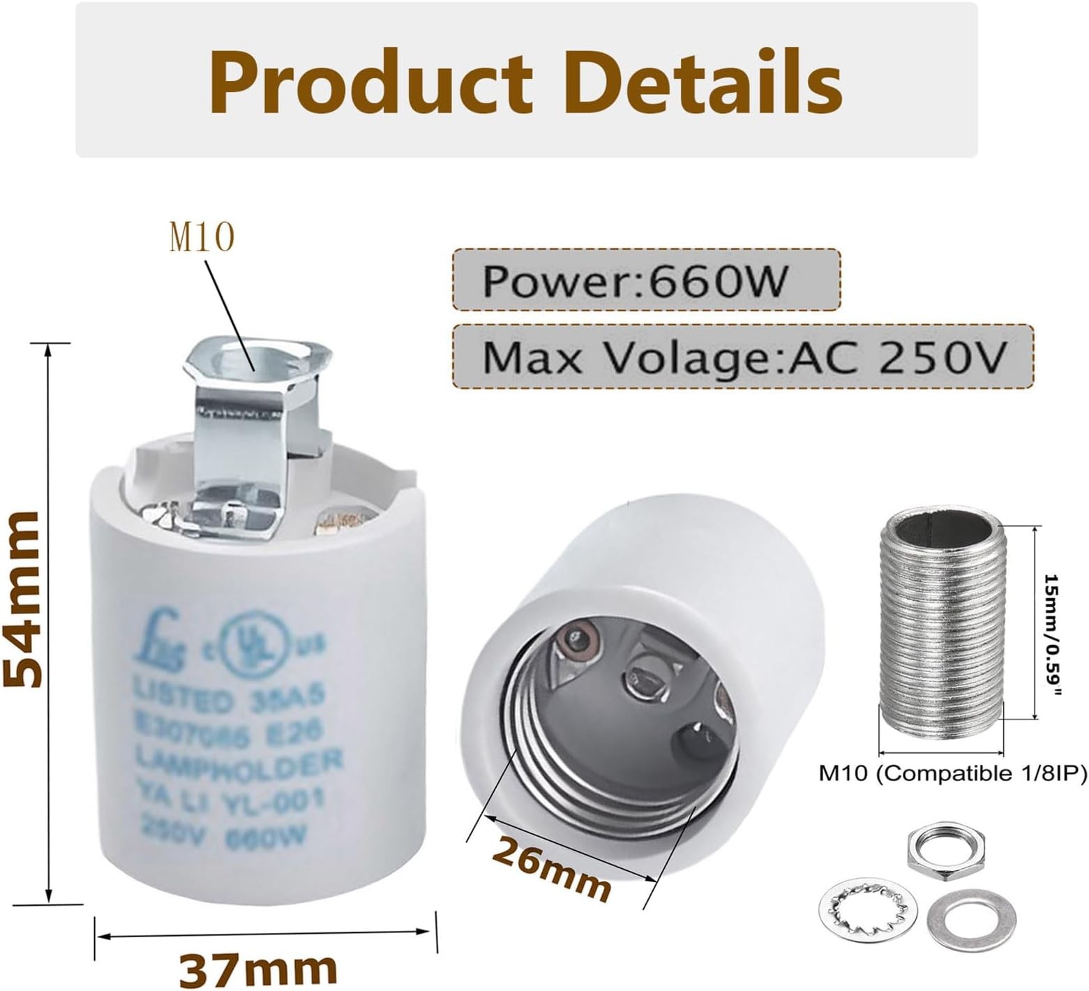 Keyless E26 Porcelain Socket,JNXQWE Ceramic Medium Base Screw Socket with Hic...
