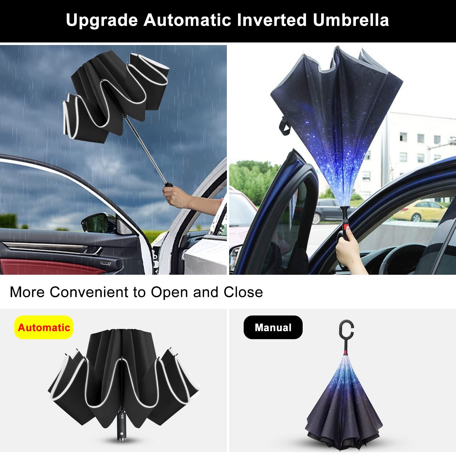 Folding Reverse LED Umbrella - Upside Down Reflective Umbrellas Compact Inverted